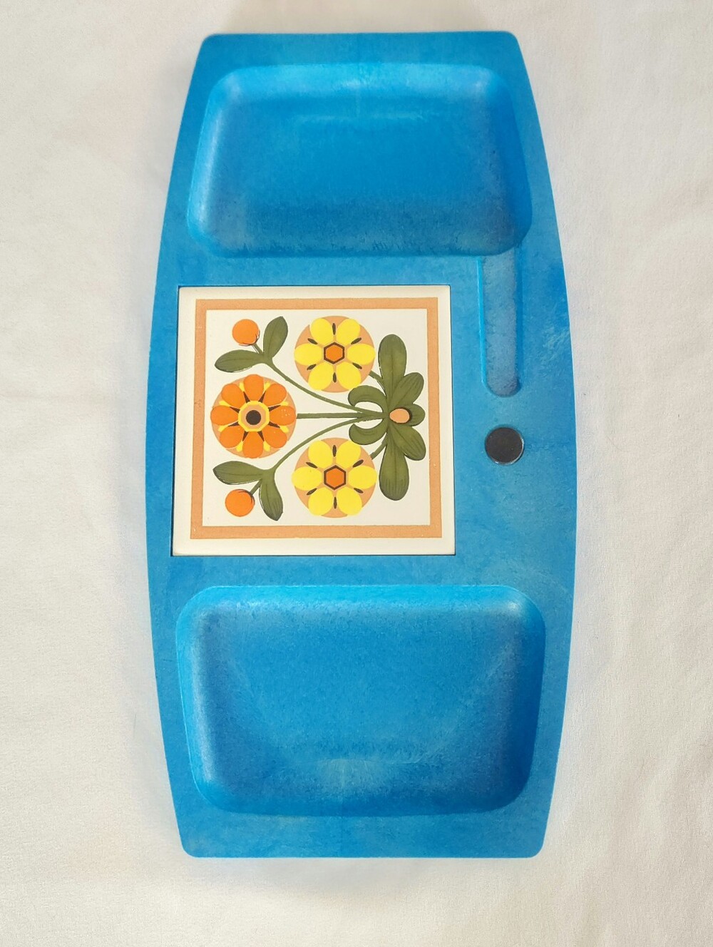 Vintage MCM Blue Plastic Polypropylene Serving Tray With Tile Insert